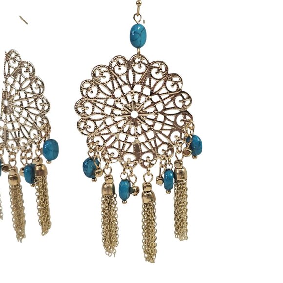 Gold & Turquoise Chandelier Earrings With Beaded Dangle & Fringe Design Bohemian - Picture 3 of 5